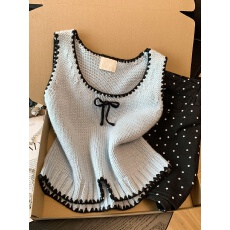 批发实拍韩系撞色简约洋气系带蝴蝶结针织马甲女春季新款百搭无袖上衣