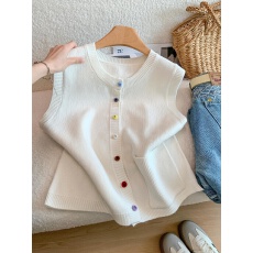 批发实拍 多巴胺彩虹纽扣针织<b class='q'>开衫</b>春季叠穿穿搭坎肩背心毛衣