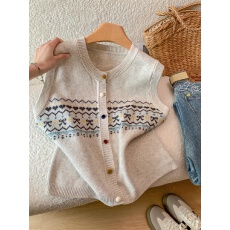 批发实拍 费尔岛提花彩色扣子针织马甲<b class='q'>开衫</b>春季叠穿坎肩复古搭配