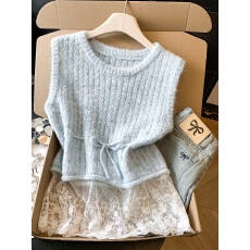批发软糯蕾丝拼接假两件针织<b class='q'>马甲</b>女春季2026新款外搭无袖系带显瘦上衣