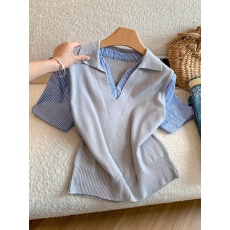 批发实拍~假两件条纹拼接短袖<b class='q'>t</b><b class='q'>恤</b>女春季高智穿搭独特别致Polo衫上衣