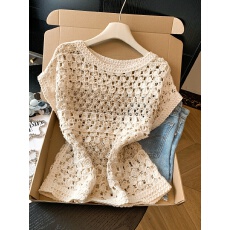 批发实拍~夏季新款镂空透气<b class='q'>韩版</b>针织衫女慵懒风肌理感显瘦飞飞袖上衣