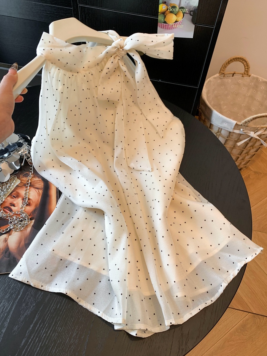 miu 바람 도트 무늬 레이스업 행침 목 쉬폰 여성 셔츠 여름 루즈핏 표지 배 인형 셔츠 슈퍼 요정 민소매 맨위