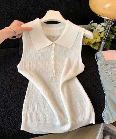 실사 아마 질감 홀로우 아웃 오래된 돈 바람 POLO 칼라 민소매 니트 조끼 여성 단추 미니멀리즘 다용도 슬림해 보이는