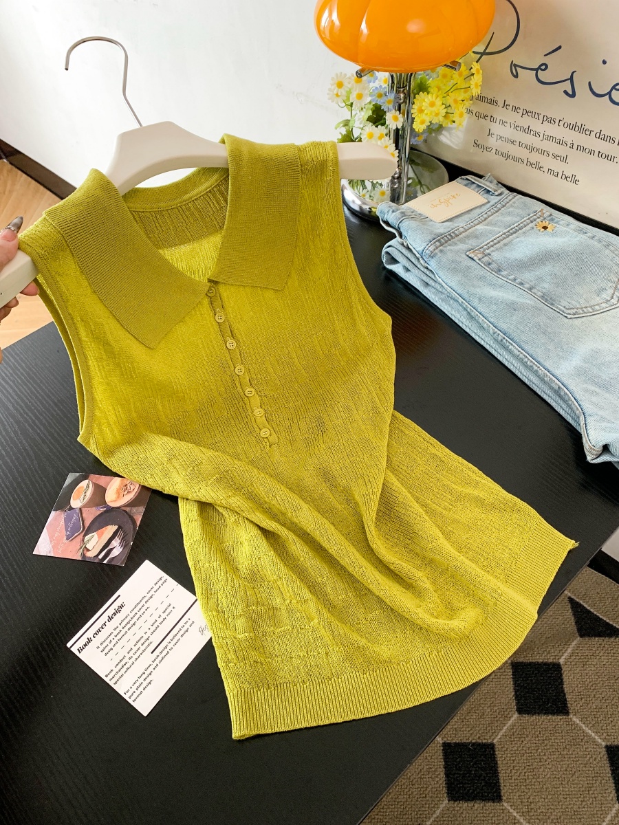 선전 남쪽 기름 고급 여성 의류 한 부서 홀로우 아웃 POLO 칼라 니트 조끼 여성 여름 민소매 몸매 가꾸기 슬림해 보이는 맨위