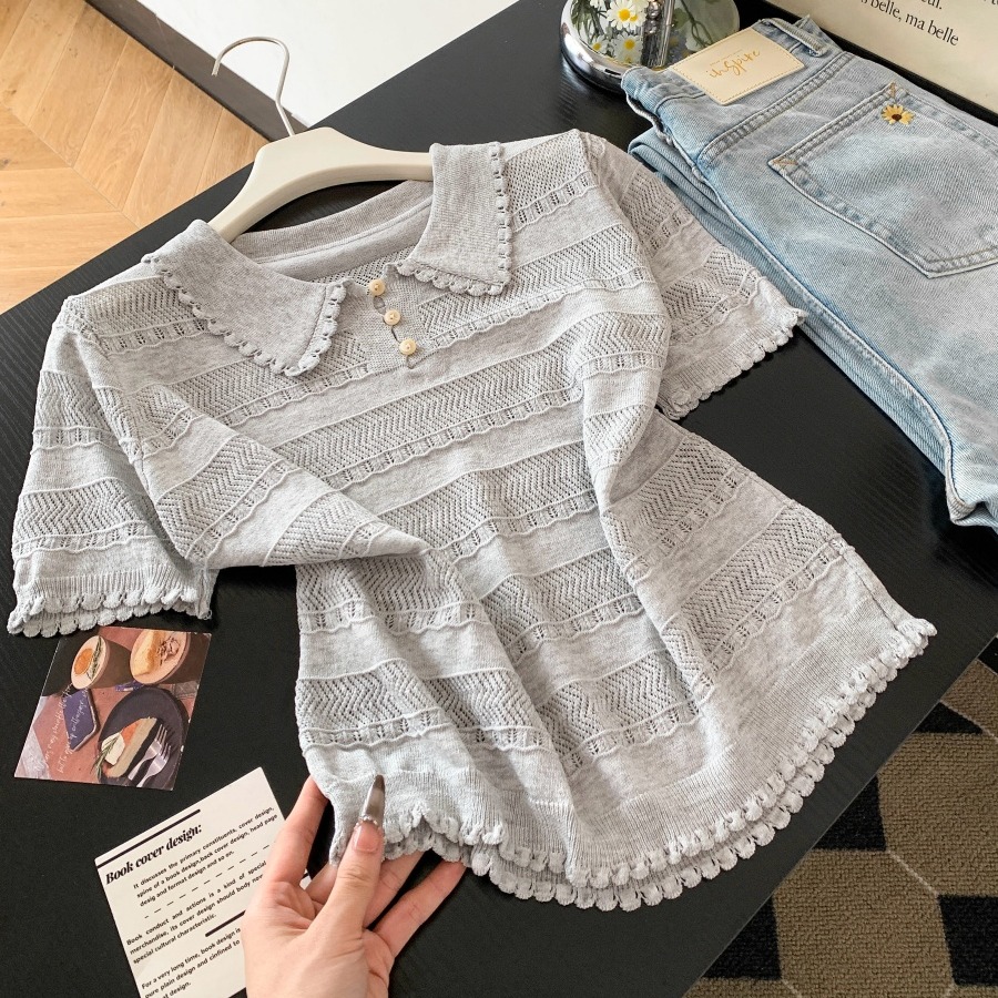 프랑스식 POLO 칼라 반팔 홀로우 아웃 니트 스웨터 여성 여름 새로운 몸매 가꾸기 슬림해 보이는 디자인 센스 긍정적 인 어깨 티셔츠 맨위