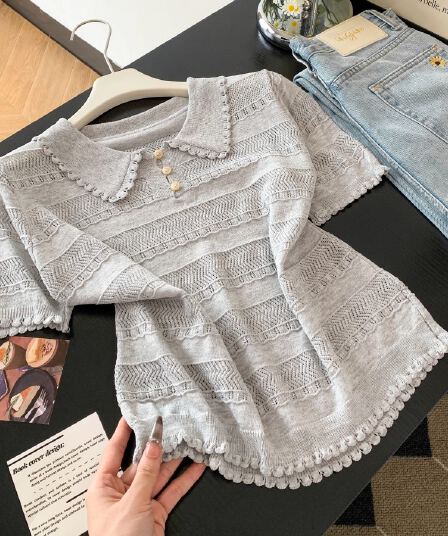 프랑스식 POLO 칼라 반팔 홀로우 아웃 니트 스웨터 여성 여름 새로운 몸매 가꾸기 슬림해 보이는 디자인 센스 긍정적 인 어깨 티셔츠 맨위