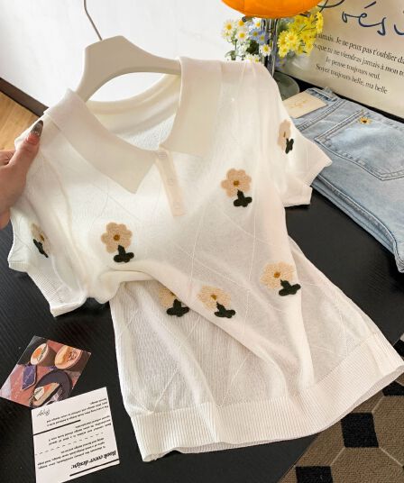 한 부서 POLO 칼라 니트 반팔 티셔츠 여성 2026 새로운 여름 꽃 자수 루즈핏 다용도 슬림해 보이는 맨위