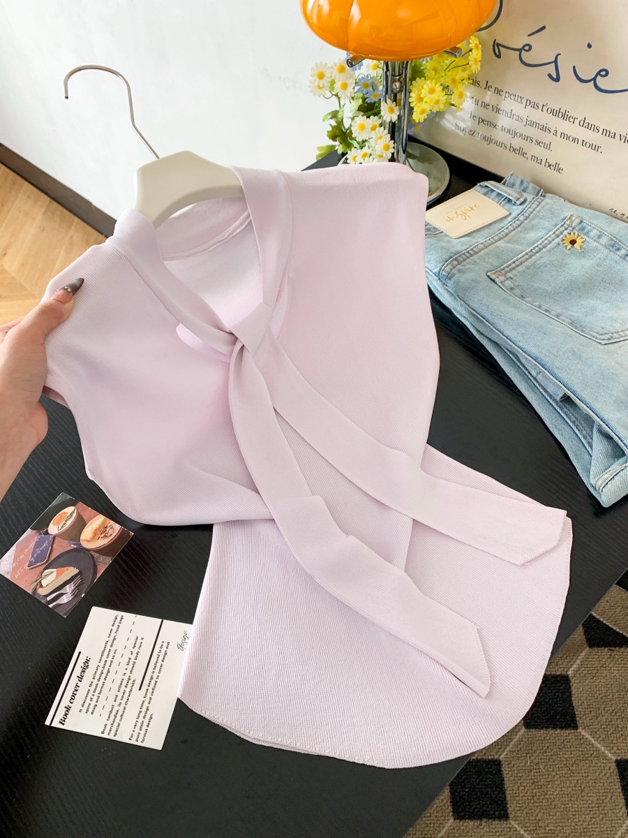 보존 섹션 추천 한 부서 V넥 리본 Feifei 소매 짠 셔츠 여성 여름 새로운 품격 고유 한 아름다운 맨위