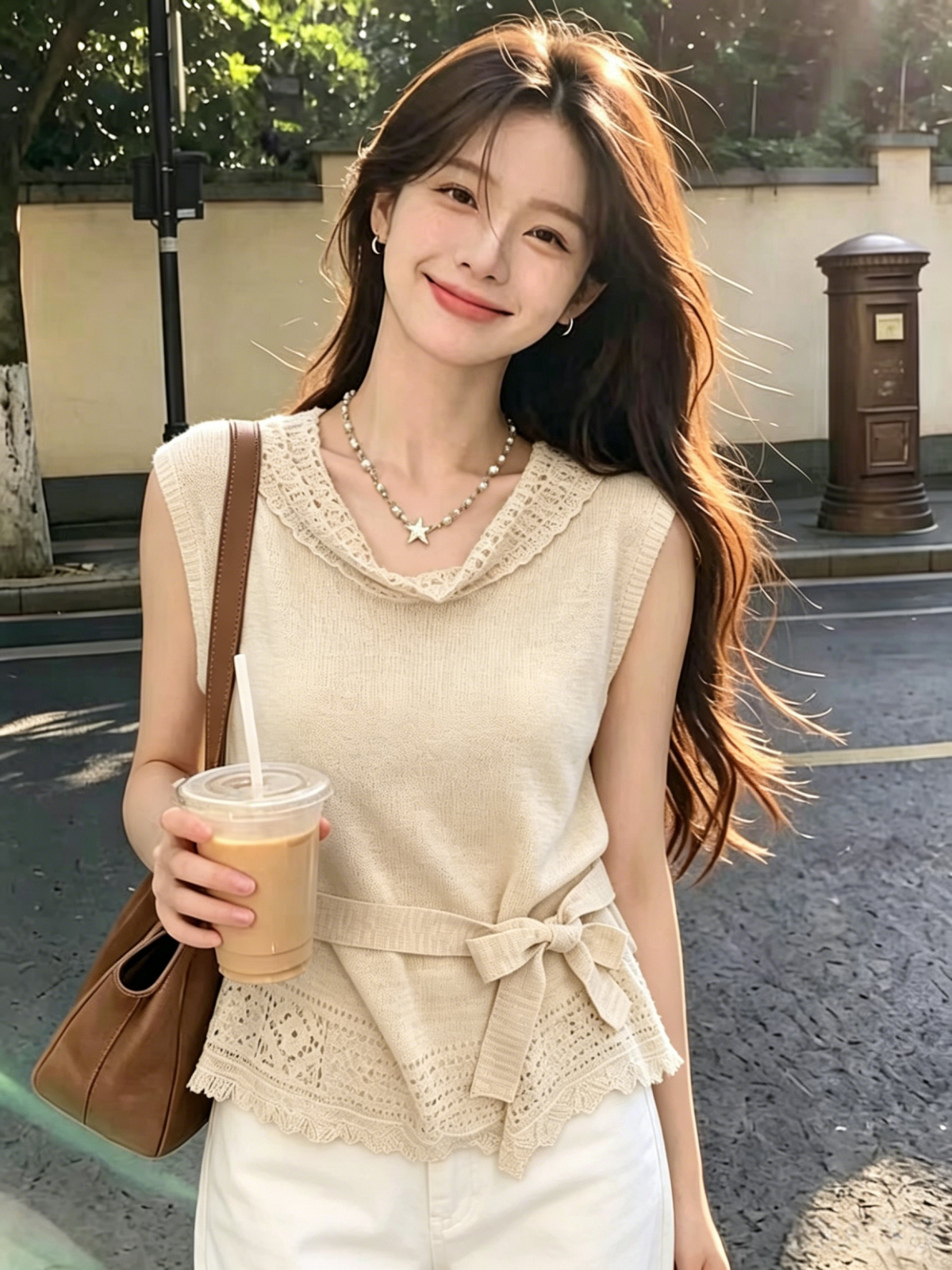 실사 새기다 빈 칼라 스트랩 허리 수축 니트 스웨터 여성 여름 프랑스식 레트로 느긋한 느슨함 센스 민소매 얇은 맨위