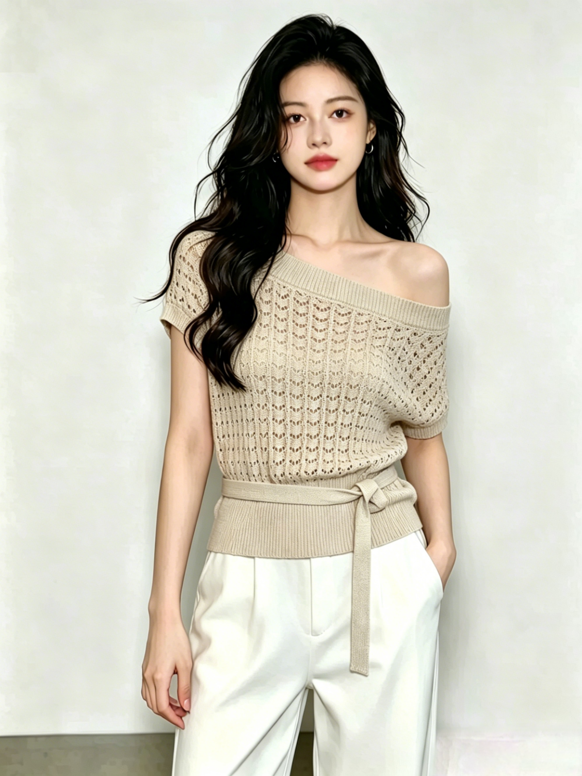 오프숄더 홀로우 아웃 니트 반팔 티셔츠 여성 여름 한 부서 부드러운 바람 허리 수축 레이스업 오프숄더 디자인 센스 맨위