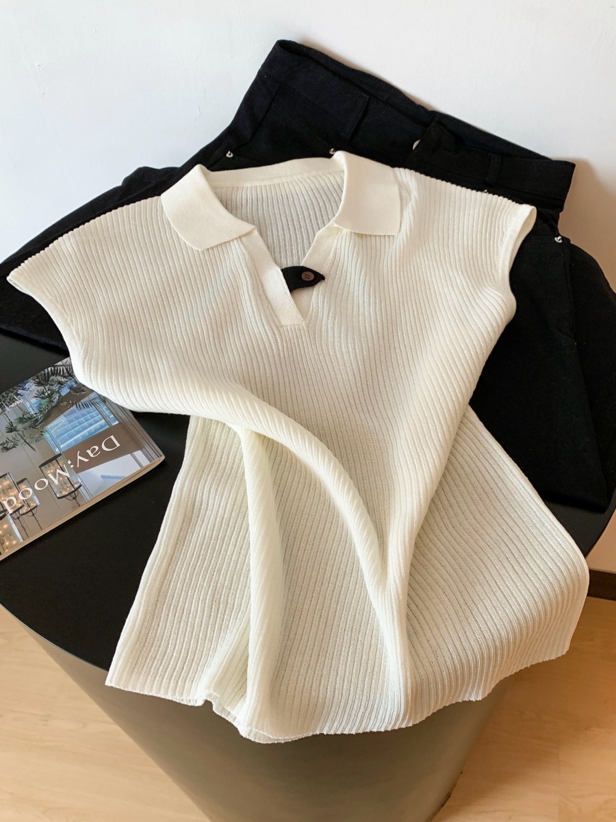 실사 한 부서 품격 POLO 칼라 Feifei 소매 짠 셔츠 여름 새로운 다용도 V넥 주간 실크 티셔츠 반팔 맨위 여성