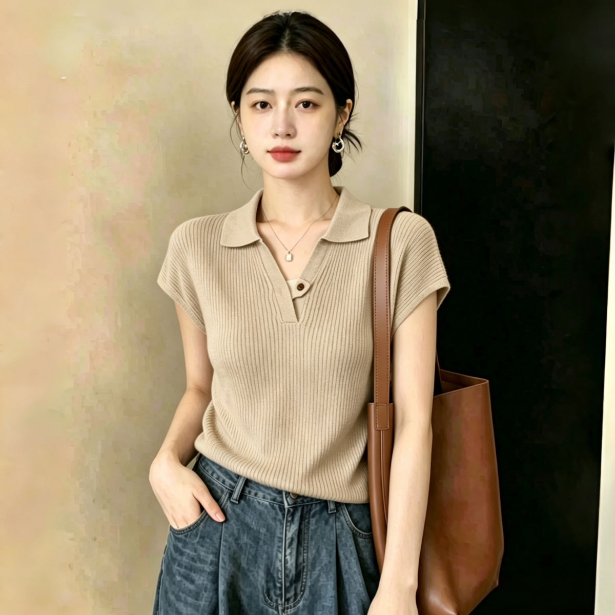 한 부서 품격 POLO 칼라 Feifei 소매 짠 셔츠 여름 새로운 다용도 V넥 주간 실크 티셔츠 반팔 맨위 여성