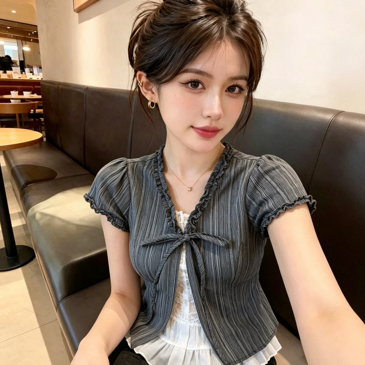 페이크 레이어드 V넥 레이스업 블랙 회색 스트라이프 반팔 여성 셔츠 여름 한 부서 달콤함 디자인 센스 맨위