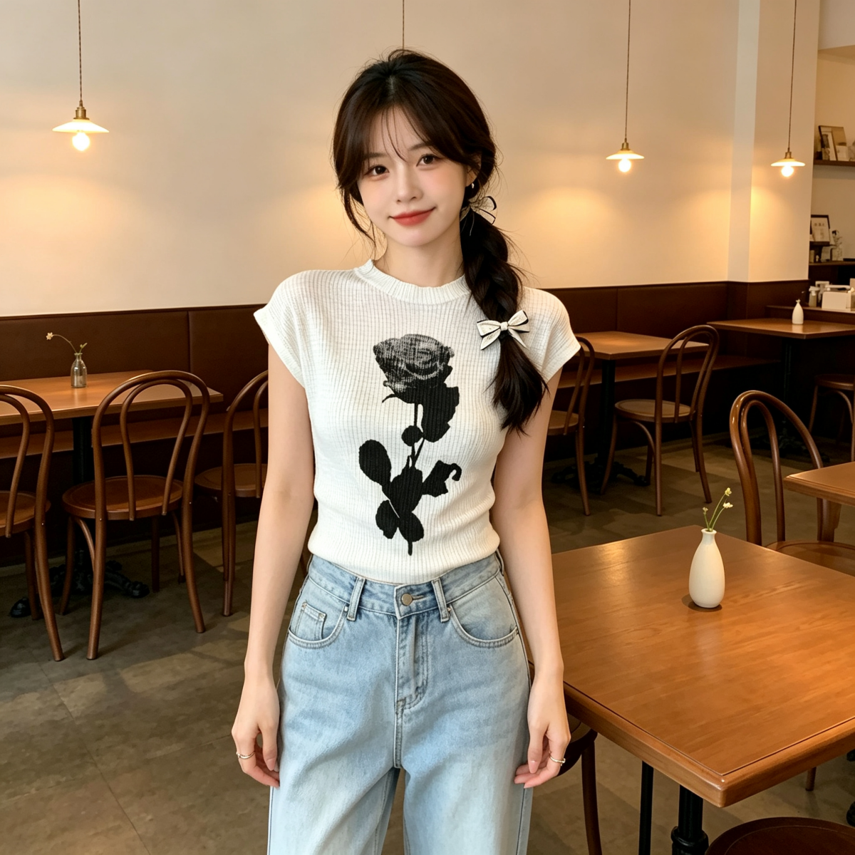한 부서 사소한 장미 프린트 얼음 실크 니트 스웨터 작은 날다 소매 티셔츠 여성 여름 몸매 가꾸기 고유 한 긍정적 인 어깨 의류
