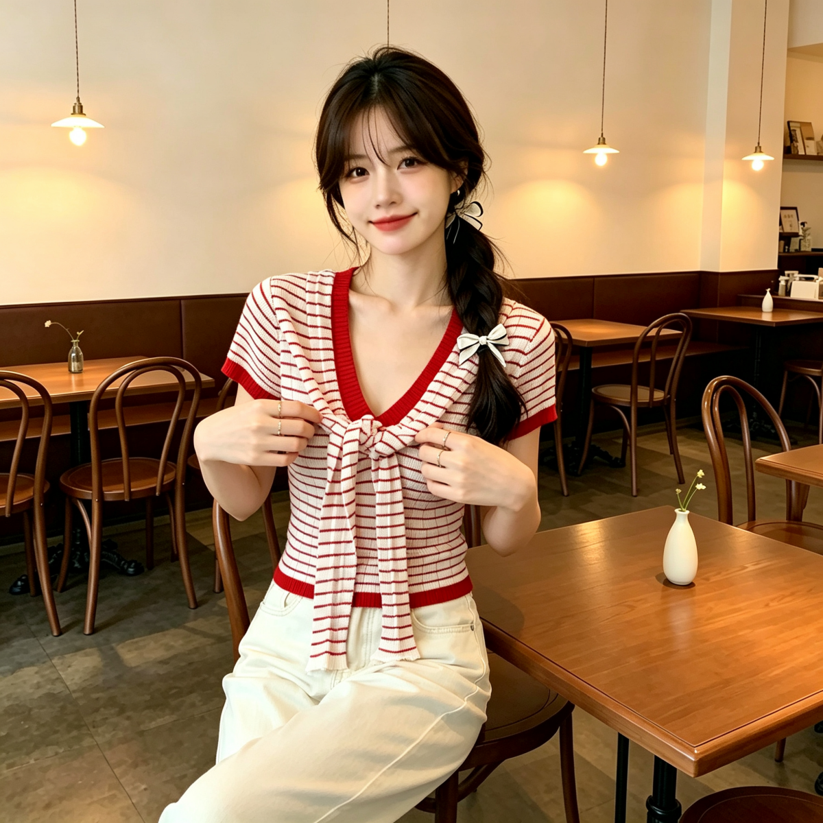 2026 여름 새로운 한국 스타일 스트라이프 V넥 니트 스웨터 경기 숄 여성 몸매 가꾸기 슬림해 보이는 쇼트 스타일 맨위