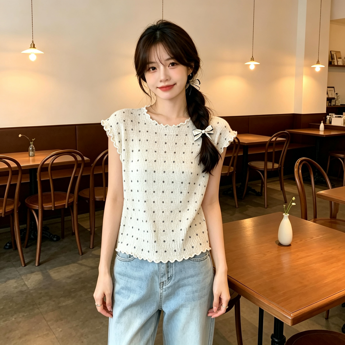 아름다운 자이언트 잘 생긴 프릴 Feifei 소매 티셔츠 여성 디자인 센스 달콤한 핫걸 몸매 가꾸기 배색 도트 무늬 맨위 여름