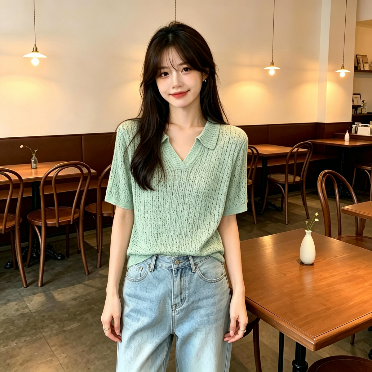 높음 지혜 센스 착용 가져 가라. 녹색 POLO 칼라 홀로우 아웃 반팔 티셔츠 여성 여름 얇은 스타일 폴로 칼라 얼음 마 니트 스웨터 맨위