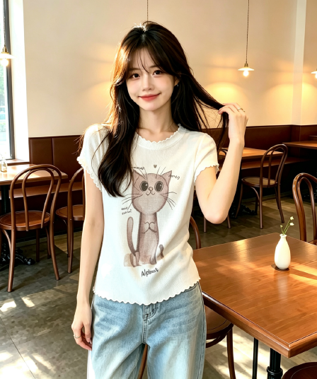 보존 추천 새끼 고양이 프린트 프릴 작은 날다 소매 짠 셔츠 여성 여름 새로운 부드러운 달콤함 맨위