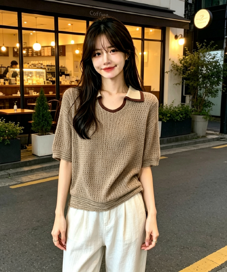 한 부서 오래된 돈 바람 작은 대중 배색 u 종류 폴로 칼라 얇은 스타일 아마 니트 스웨터 여름 새로운 루즈핏 반팔 맨위 여성