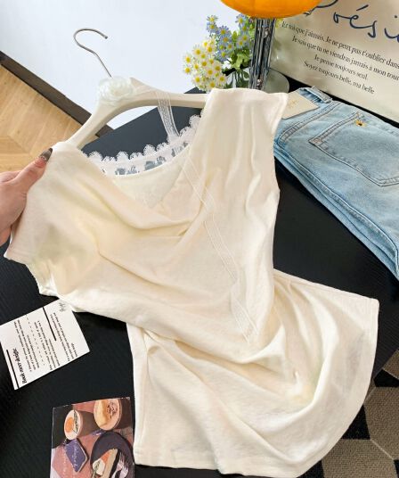 순수한 욕망 바람 흔들다 칼라 레이스 조각 페이크 레이어드 반팔 티셔츠 여성 여름 새로운 핫걸 허리 수축 슬림해 보이는 짧은 맨위