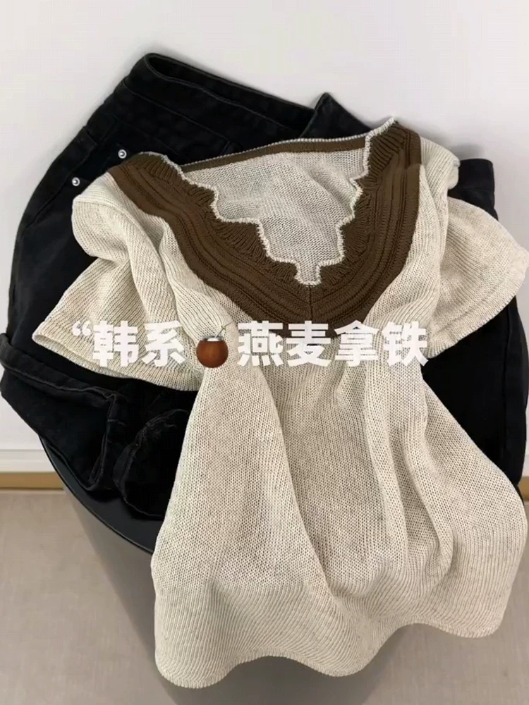보존 폭발 추천 한 부서 디자인 센스 배색 V넥 니트 반팔 티셔츠 여성 여름 고유 한 Chic 맨위
