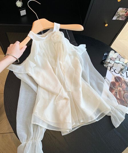 분위기 센스 부드러운 바람 행침 목 루즈핏 오프숄더 셔츠 작은 대중 긴팔 맨위 품격 3 차원 꽃 쉬폰 블라우스