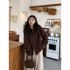 批发实拍实价~大版型慵懒风秋冬奶呼呼双拉链连帽开衫外套