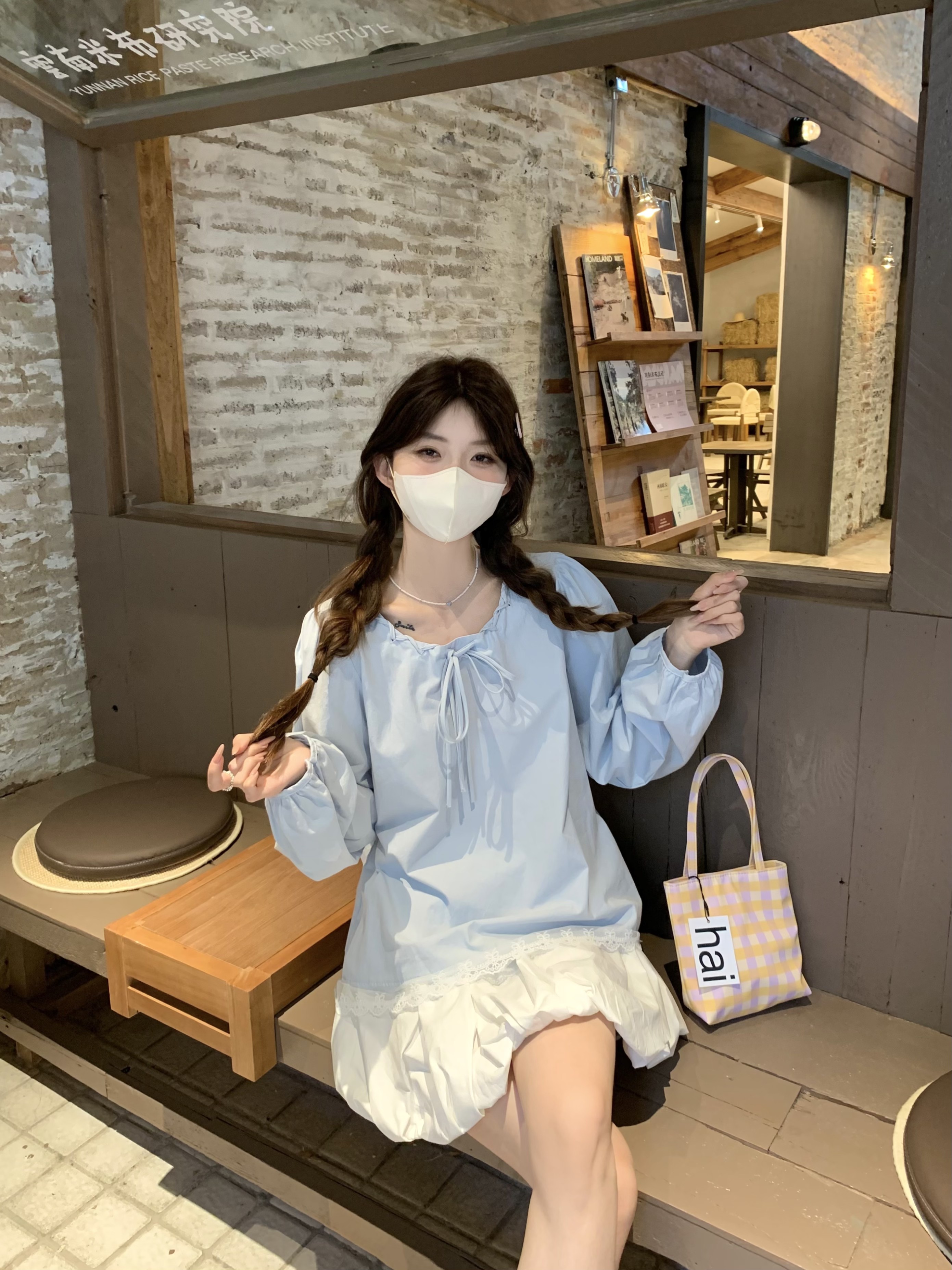 실사 정가 한 부서 다용도 루즈핏 레이스 패치워크 레이스업 펌프 로프 나비 매듭 셔츠