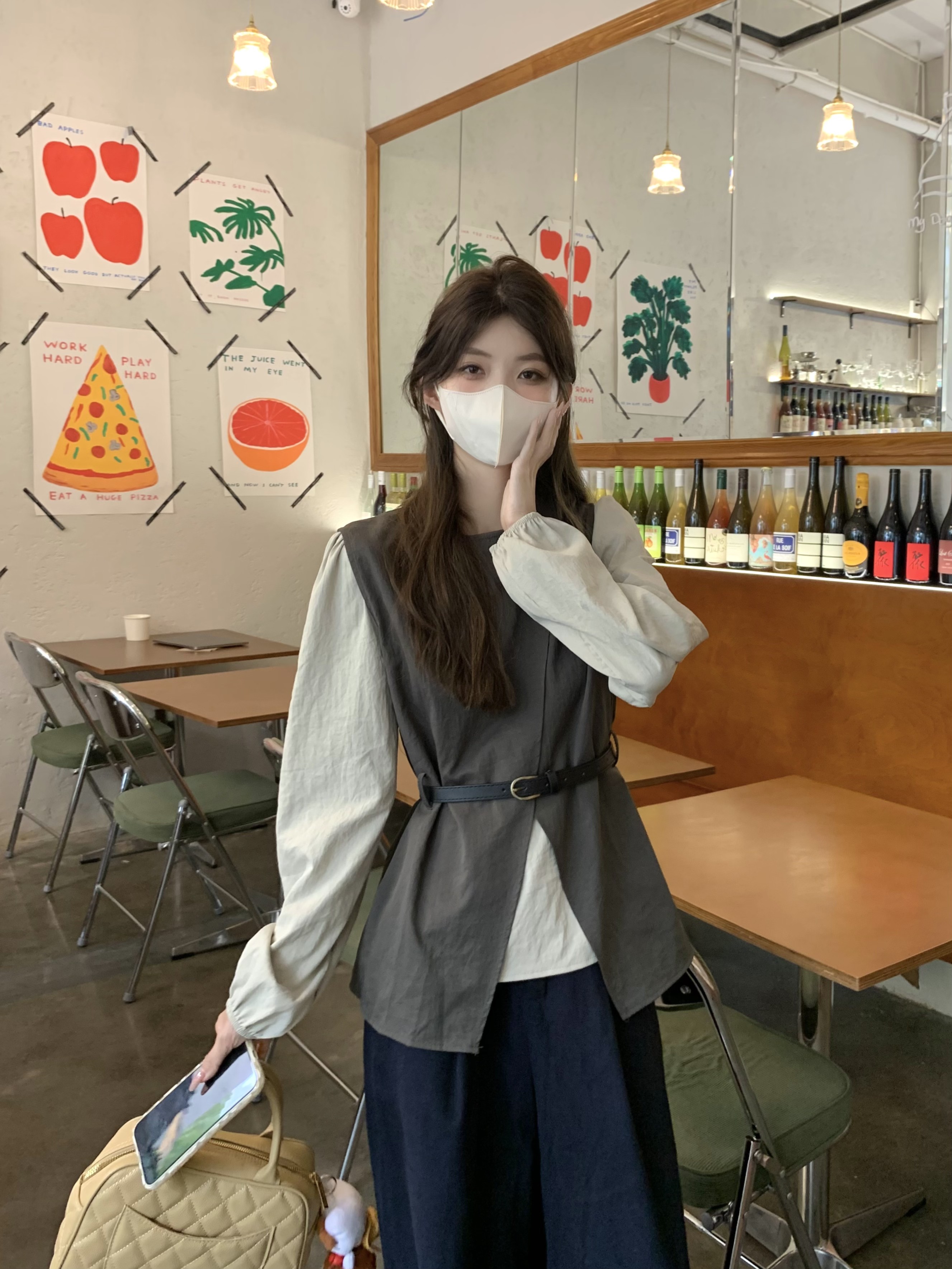 실사 정가 한 부서 패션 미니멀리즘 셔츠 불규칙 트임 베스트 투피스 세트 다용도 캐주얼 바지