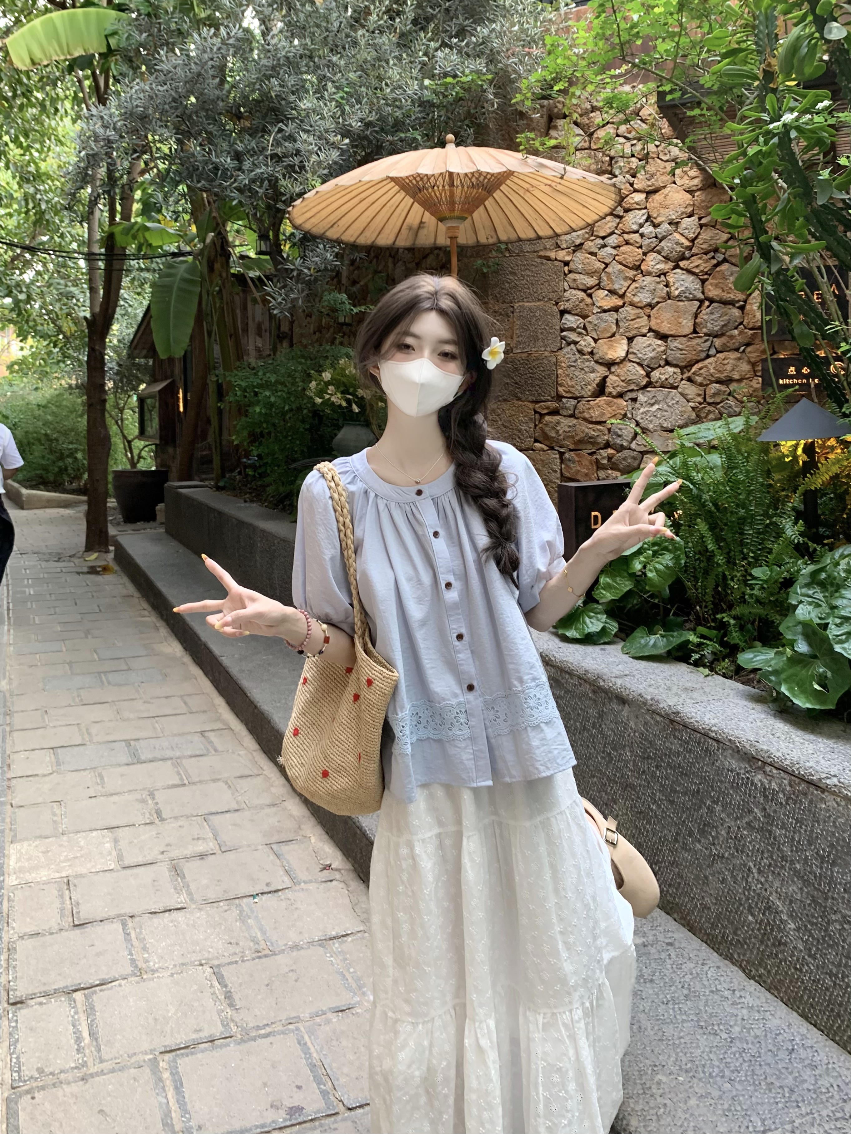 실사 정가 한 부서 다용도 레이스 홀로우 아웃 패치워크 루즈핏 미니멀리즘 품격 셔츠