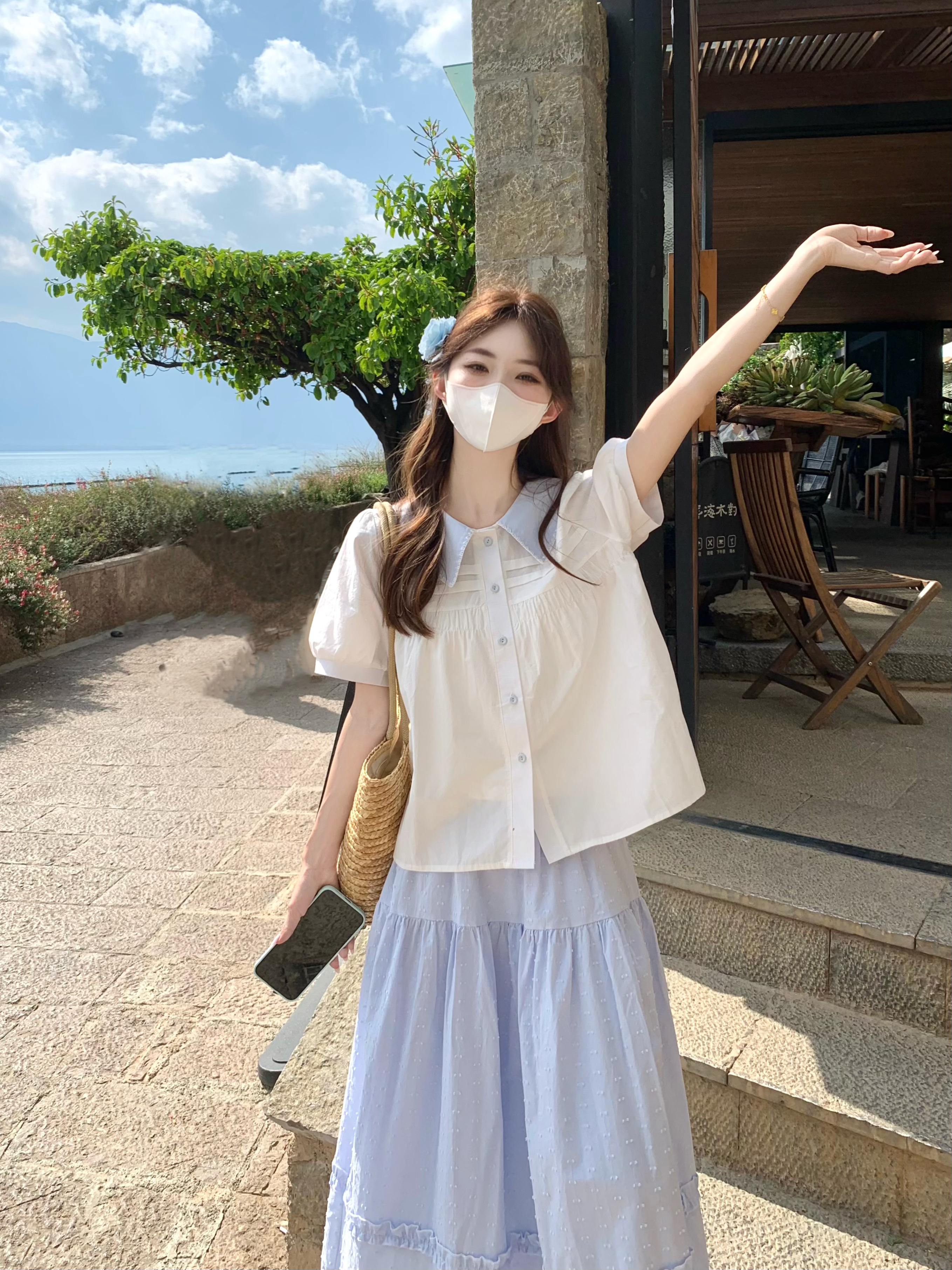 실사 정가 한 부서 베이비 칼라 자수 연령 감소 셔츠 다용도 반신 스커트 투피스 세트