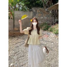 批发实拍实价~韩系<b class='q'>百搭</b>刺绣方领设计感衬衫松紧腰半身裙