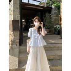 批发实拍实价~韩系百搭刺绣方领设计感衬衫松紧腰半身裙