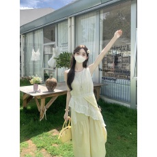 批发实拍实价～韩系甜美镂空不规则蕾丝罩衫长裙套装女叠穿洋气三件套