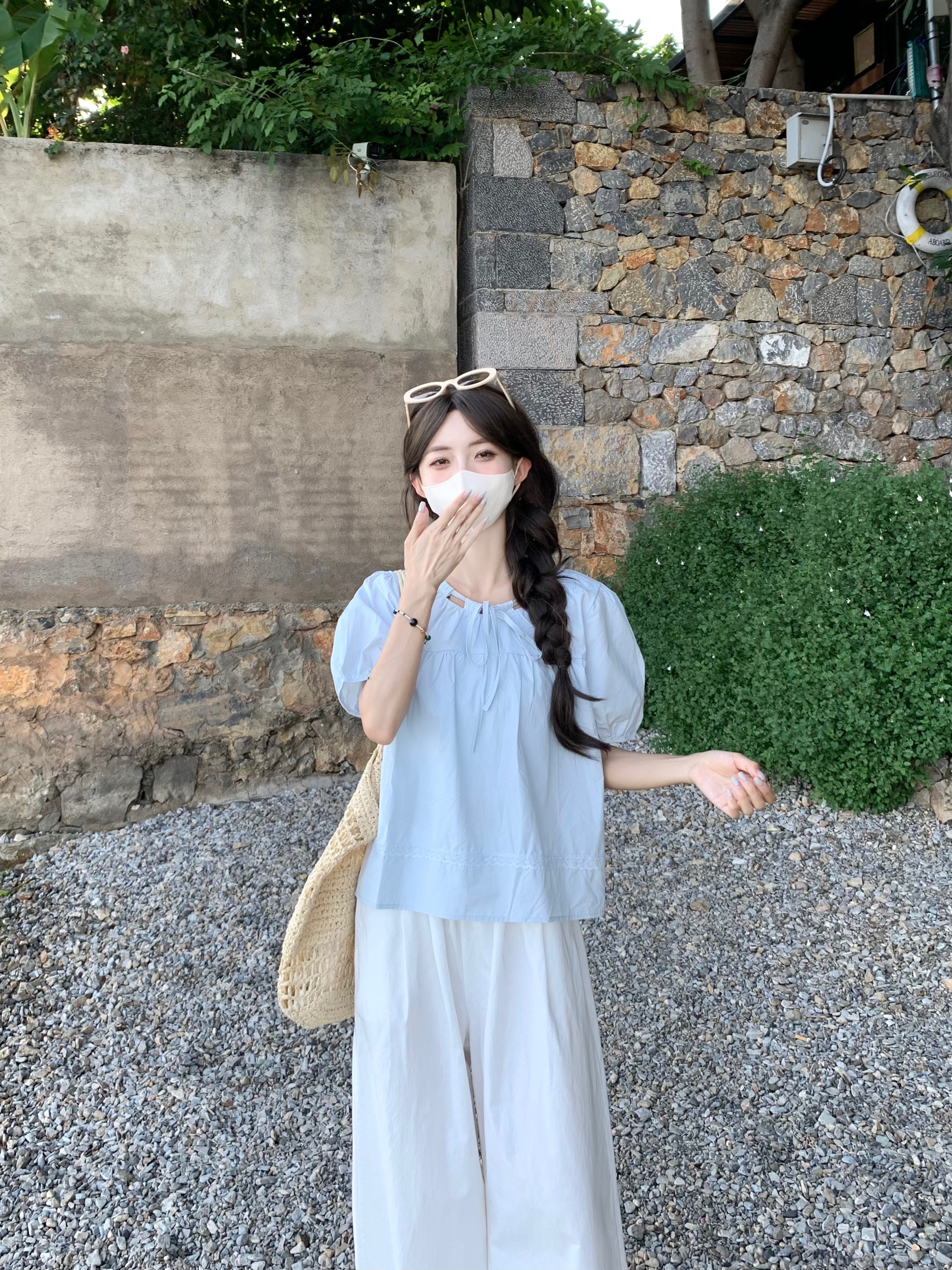 실사 정가 센 부서 소녀 연령 감소 레이스 패치워크 레이스업 나비 매듭 셔츠 다용도 바지 투피스 세트