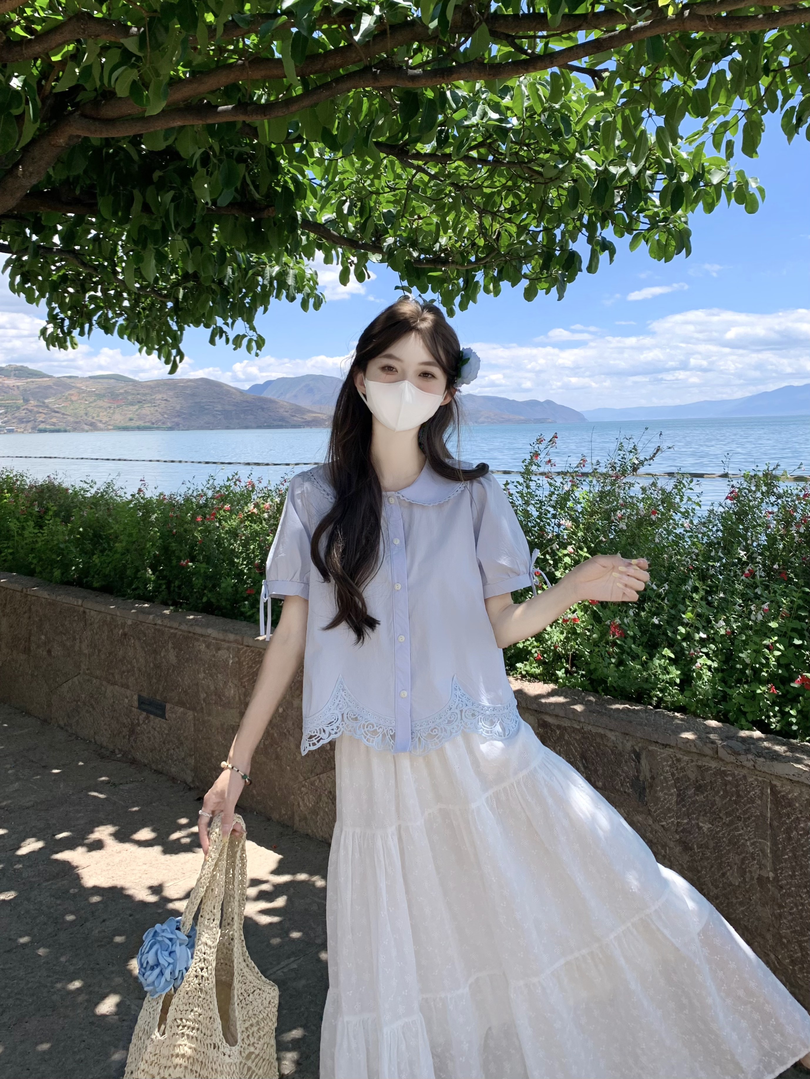실사 정가 한 부서 ins 바람 달콤함 연령 감소 라운드 넥 레이스 패치워크 작은 청신 셔츠 다용도 반신 스커트