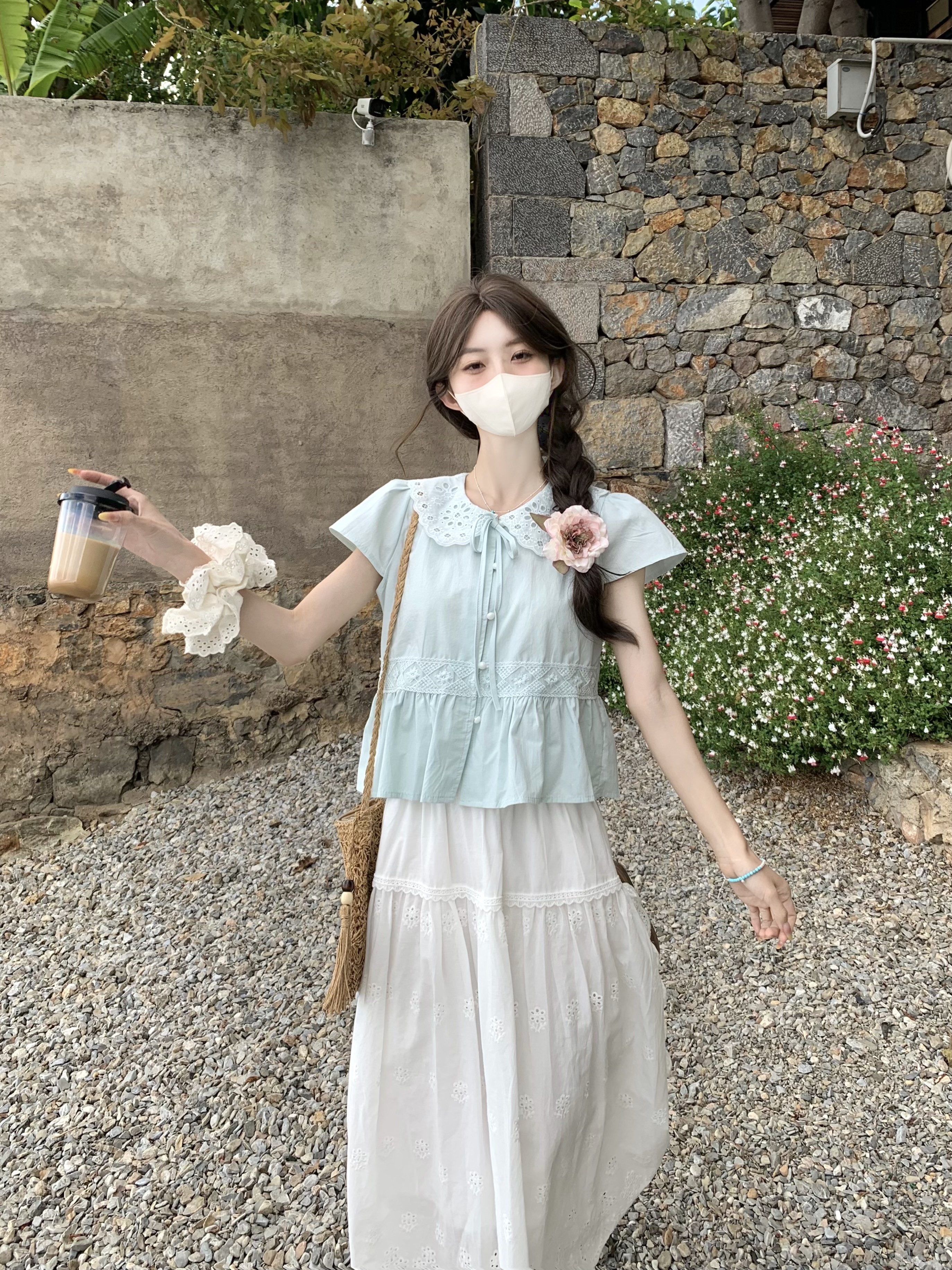 실사 정가 한 부서 레이스 베이비 칼라 레이스 패치워크 레이스 업 셔츠 다용도 반신 스커트