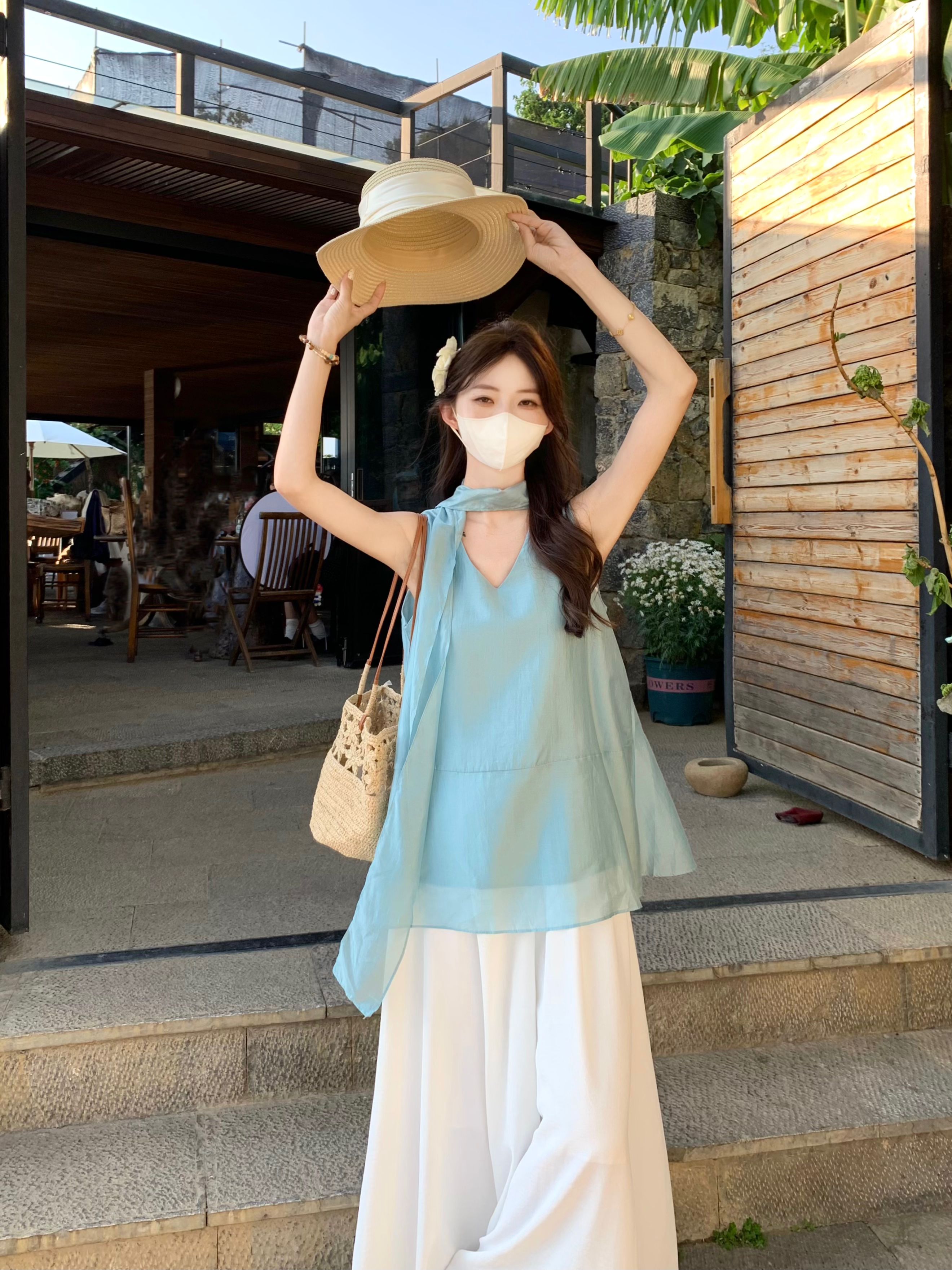실사 정가 한 부서 디스플레이 화이트 V넥 리본 슬림해 보이는 작은 셔츠 하이웨이스트 슬림해 보이는 다용도 캐주얼 바지 투피스 세트