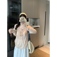 实拍实价~韩系设计感木耳边V领长袖宽松系带防晒上衣百搭半身裙