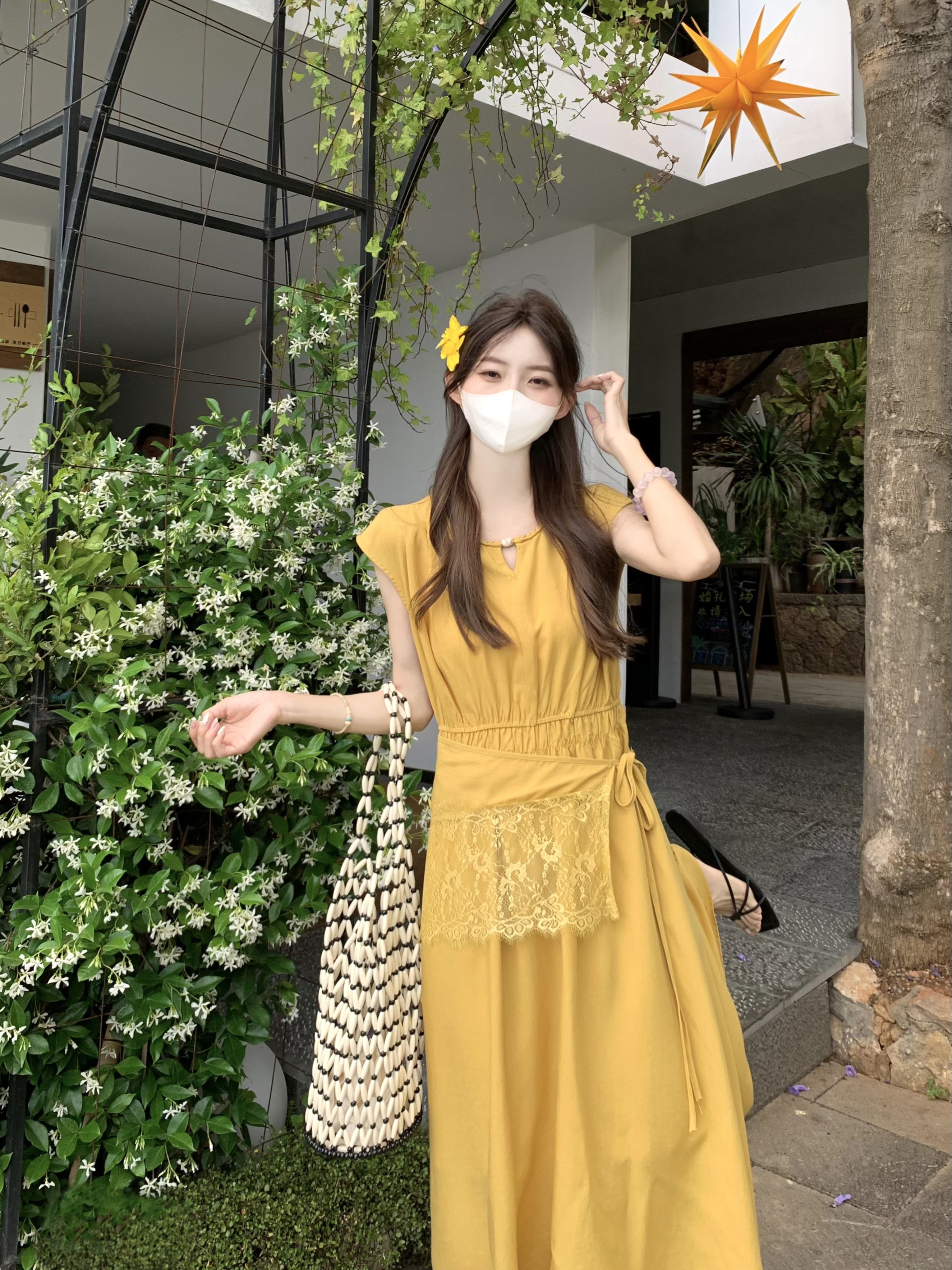 실사 정가 휴가 바람 작은 대중 레이스 칼라 레이스업 방귀 커튼 허리 수축 슬림해 보이는 드레스