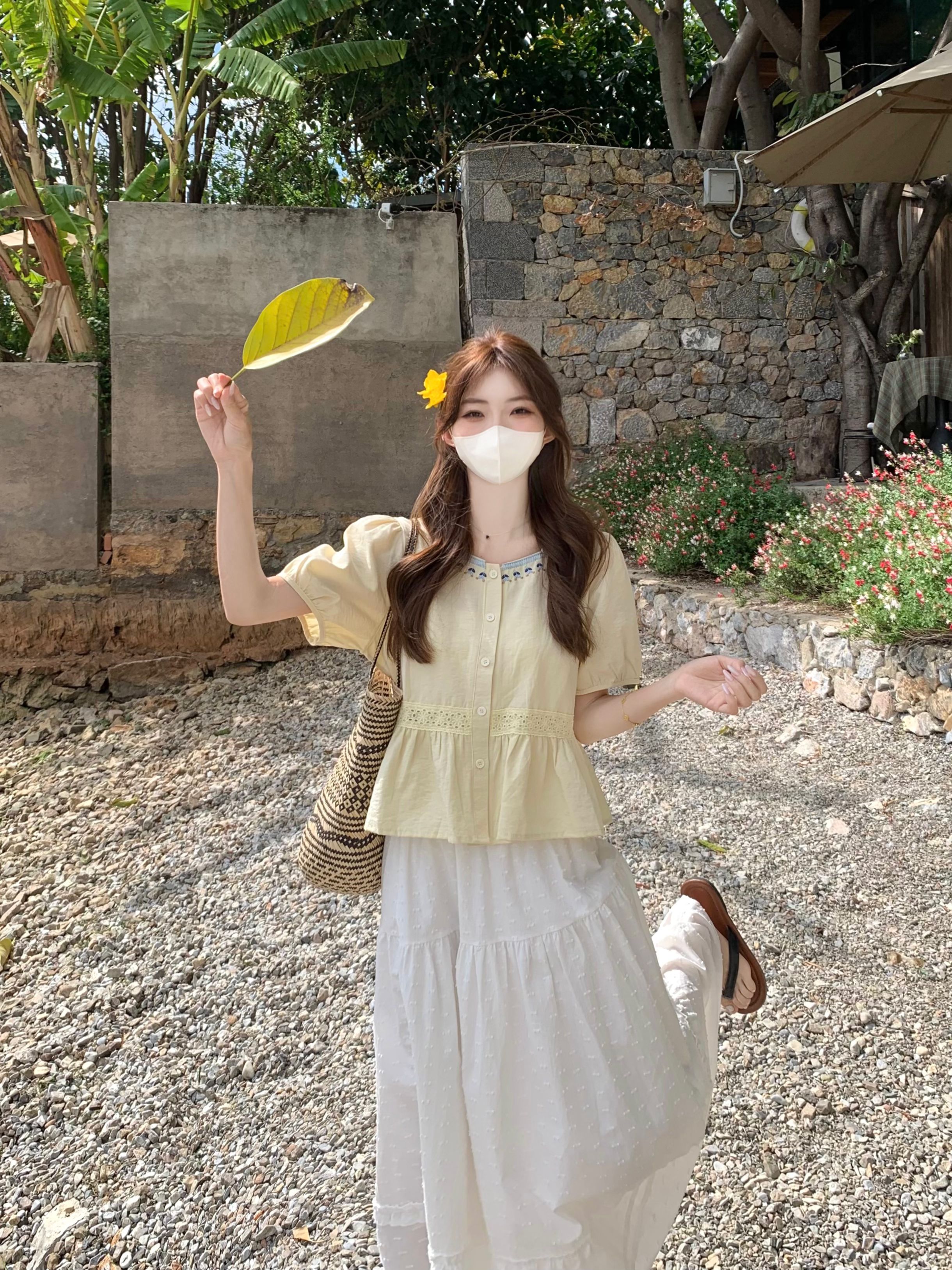 실사 정가 한 부서 다용도 자수 광장 칼라 디자인 센스 셔츠 허리밴드 반신 스커트