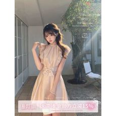 批发甜水仙 轻舞芭蕾 日系珠光千金感连衣裙拼接蕾丝小飞袖收腰裙子女