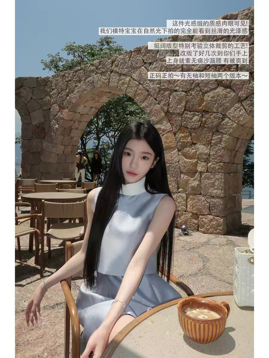 yyw 5.15 new 제인 주하이 민소매 반팔 비싼 가스 새틴 폴로 칼라 프로필 모양 드레스