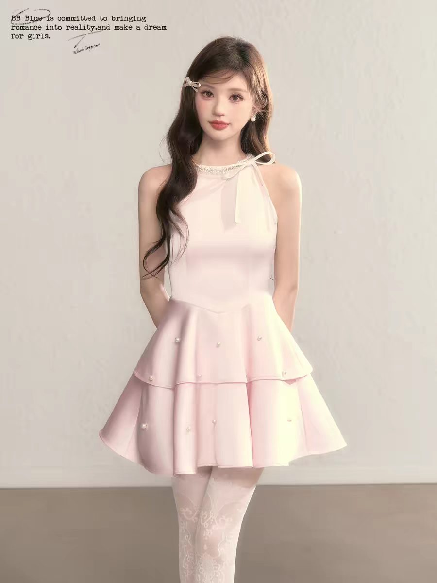bb blue 진주 공주 디자인 센스 프랑스식 민소매 허리 수축 한 마디 그는 벤 예복 행침 목 비즈 박기 드레스