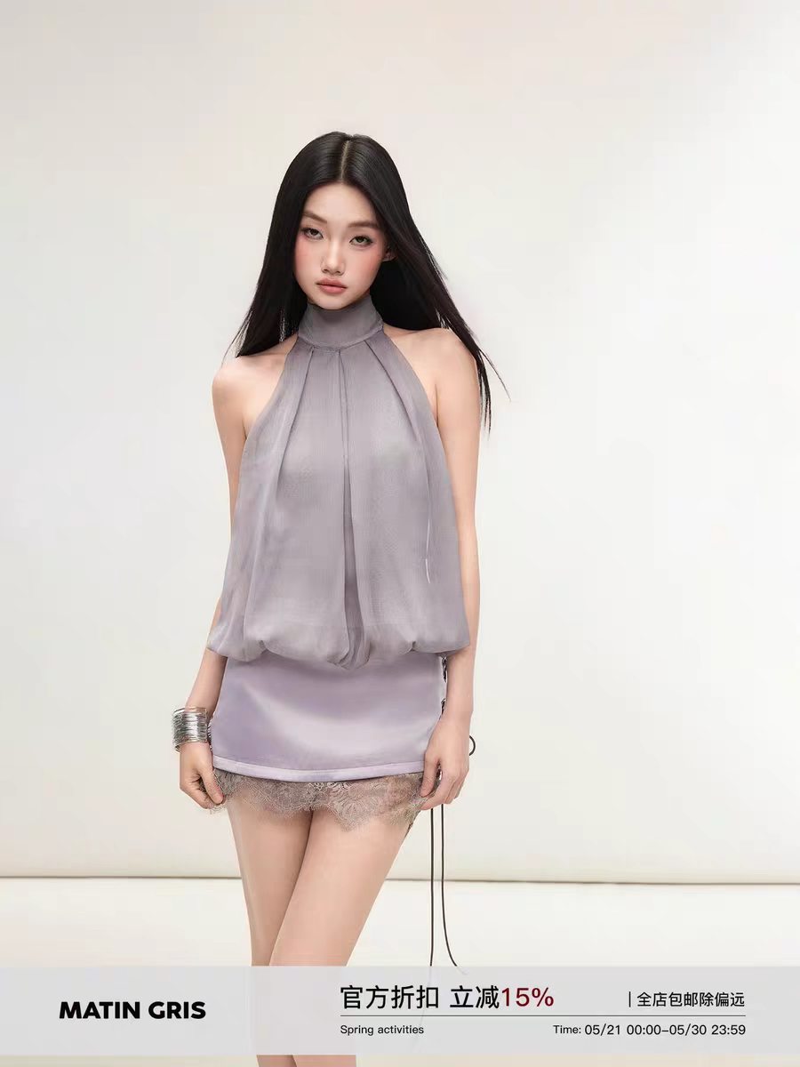 회색 보라색 쉬폰 레이스 민소매 행침 목 맨위 여성 몸매 가꾸기 리본 디자인 센스 마이크로 ~을 통해 티셔츠