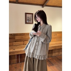 批发实拍秋冬设计感洋气蕾丝拼接长袖衬衣