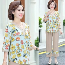 批发单/套装夏季短袖T恤上<b class='q'>衣服</b>两件套女50岁人洋气中老年<b class='q'>妈妈</b>夏装套装