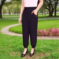 批发<b class='q'>夏</b>季款冰丝休闲女裤裤子女中老年妈妈大码宽松松紧高腰九分哈伦裤