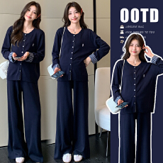 批发2026早春新款韩系撞色格子孕妇宽松时尚减龄慵懒风针织套装